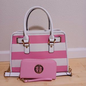 Cute Large Pink White Stripe Handbag Tote and Wallet